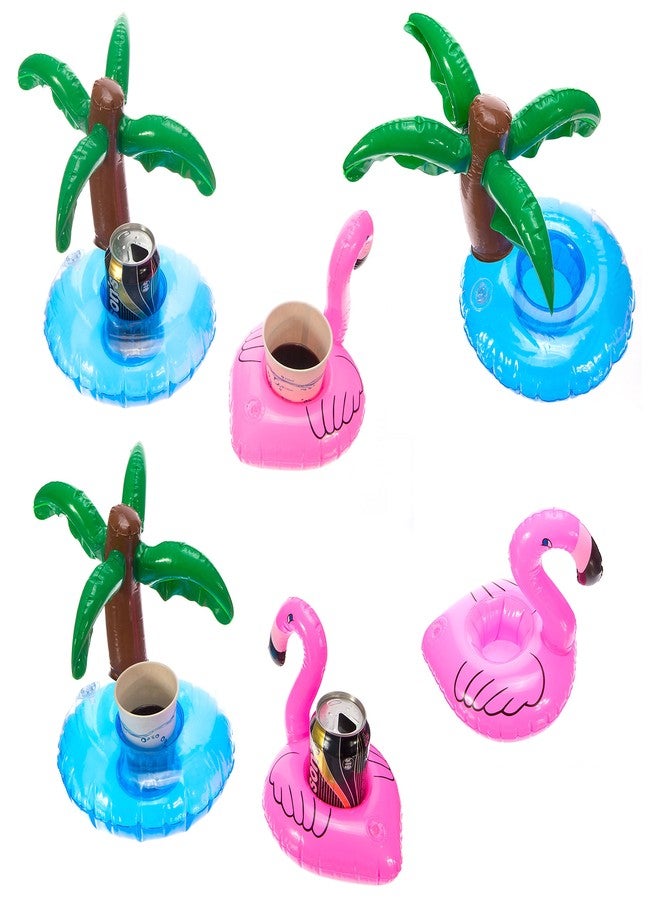 Nyrwana Cazul Goods Inflatable Pool Drink Holder Floats - 3 pieces Flamingo and 3 pieces Palm Tree Design (Set of 6) - Image 1